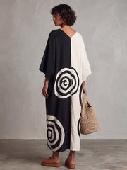 Artistic Black & White Color-block Swirl Cotton-linen Dress