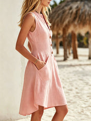 Women's Cotton-linen V-neck Button-front Sleeveless Loose Casual Dress