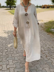 Women's V-Neck Button Detail Imported Cotton Linen Pocket Dress