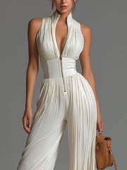 Women's Elegant & Flowy Pleated Halter-neck Long Wide-leg Jumpsuit
