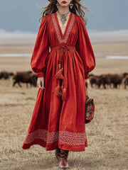 Western-style Vintage Embroidered Red Cotton And Linen Maxi Dress