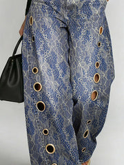 Women's Retro Floral Art Print Casual Stylish Hollow Denim Pants