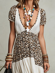 Leopard Print & Color Block Tiered High-low Maxi Dress