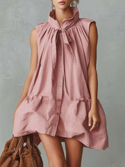 Women's Retro Vacation-style Stand Collar Front-button And Ruffled Trim Pink Cotton-linen Mini Dress