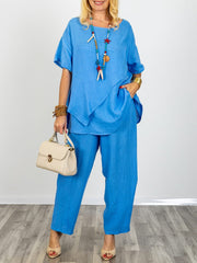 Casual Linen And Cotton Two-piece Top And Pants Set
