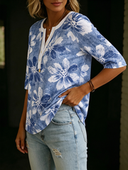 Bohemian Floral Print Henley Cotton T-shirt