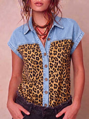 Women's Short-sleeve Casual Top: Loose-fit Denim-paneled Shirt With Leopard Print