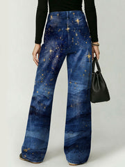 Gradient-colored Mountain, River, And Star Landscape Decorative Pattern Women's Cotton Denim Pants