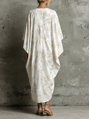 White & Beige Floral Print Kaftan Dress