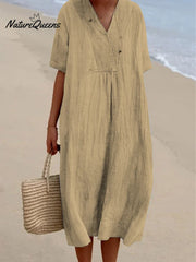 Women's Solid Color Cotton And Linen Short Sleeve Dress