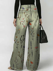 Women's Retro Floral Art Print Casual Stylish Hollow Denim Pants