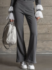 Sporty Retro Lace Embroidery Dark Gray Cotton Blend Long-Sleeve Sweatshirt And Flared Pants Set