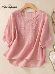 Women's Vintage Embroidered Cotton and Linen Top
