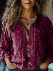 Simple Ethnic Floral Pattern Printed Women's Casual Long Sleeve Comfortable Cotton Shirt