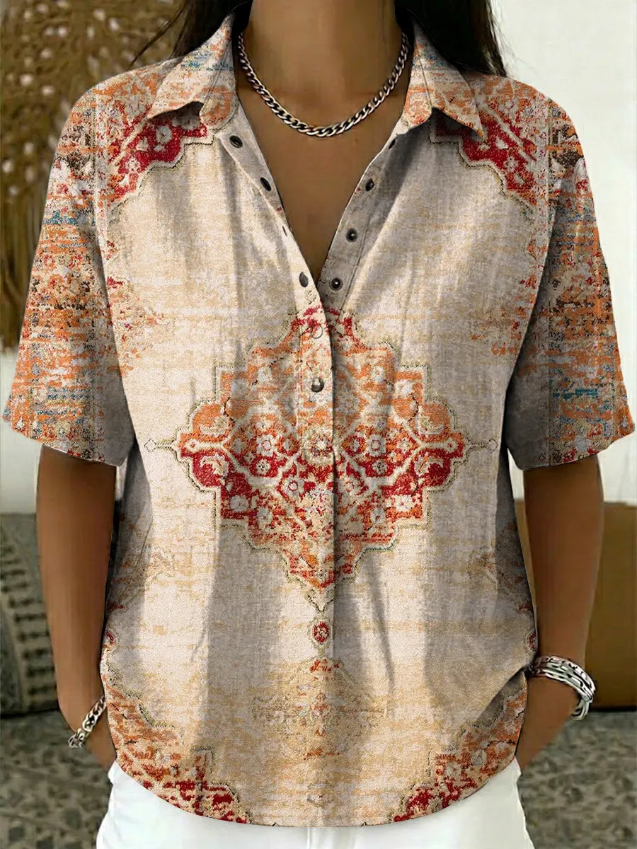 Women's Vintage Floral Pattern Art Print Casual Cotton Linen Shirt