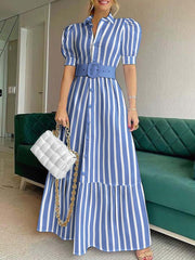 Women's Striped Art Casual Elegant Short Sleeve With Belt Long Dress