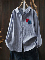 Women Spring Vintage Lattice Patchwork 100%Cotton Shirt