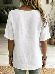 Women's U-neck Short-sleeve Tie-front Cotton-linen Shirt