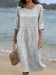 Women's CasualRound Neck Mid Sleeve Print Cotton and Linen Dress