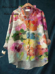 Women'sFloral Art Print Casual Cotton And Linen 3/4 Sleeve Shirt