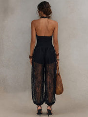 Black Textured Cotton Halter Deep V-neck Smocked Waist Lace Sheer Lantern Jumpsuit