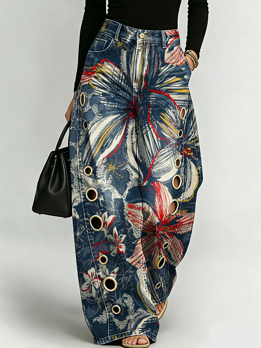 Elegant Floral Decorative Patterns Women's Cotton Denim Pants