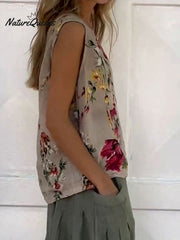 Women's Flowers Print CasualCotton And Linen Tank Top