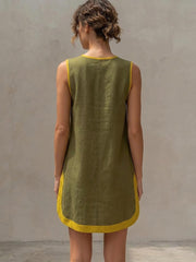Olive Green & Lemon Yellow Trim Half-button Cotton-linen Sleeveless Straight Mini Dress