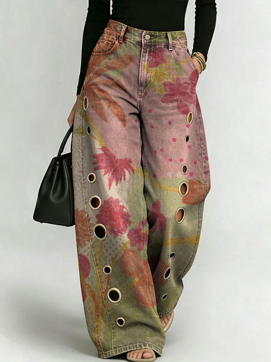Women's Retro Pattern Printed Stylish Cutout Casual Denim Jeans