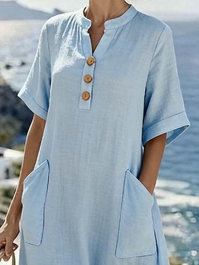 Women'S Casual Solid Color Button-Down Dress With Pockets