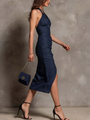 Minimalist & Sexy Halterneck Cotton-linen Midi Dress