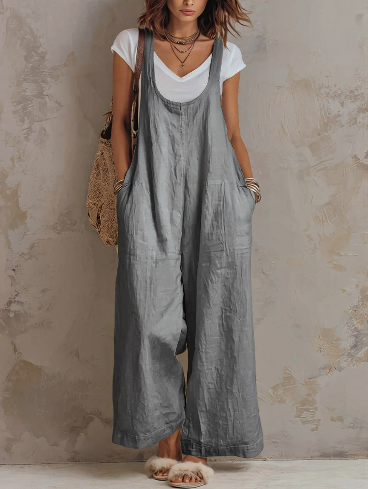 Women's Solid-color Cotton-linen Jumpsuit
