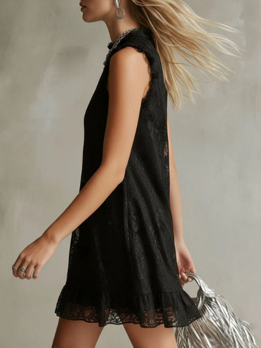 Women's Stand Collar Black Lace Sleeveless Mini Dress