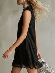 Women's Stand Collar Black Lace Sleeveless Mini Dress