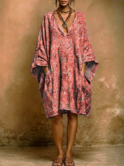 Women's Vintage Floral Print Short-sleeve Cotton-linen Dress