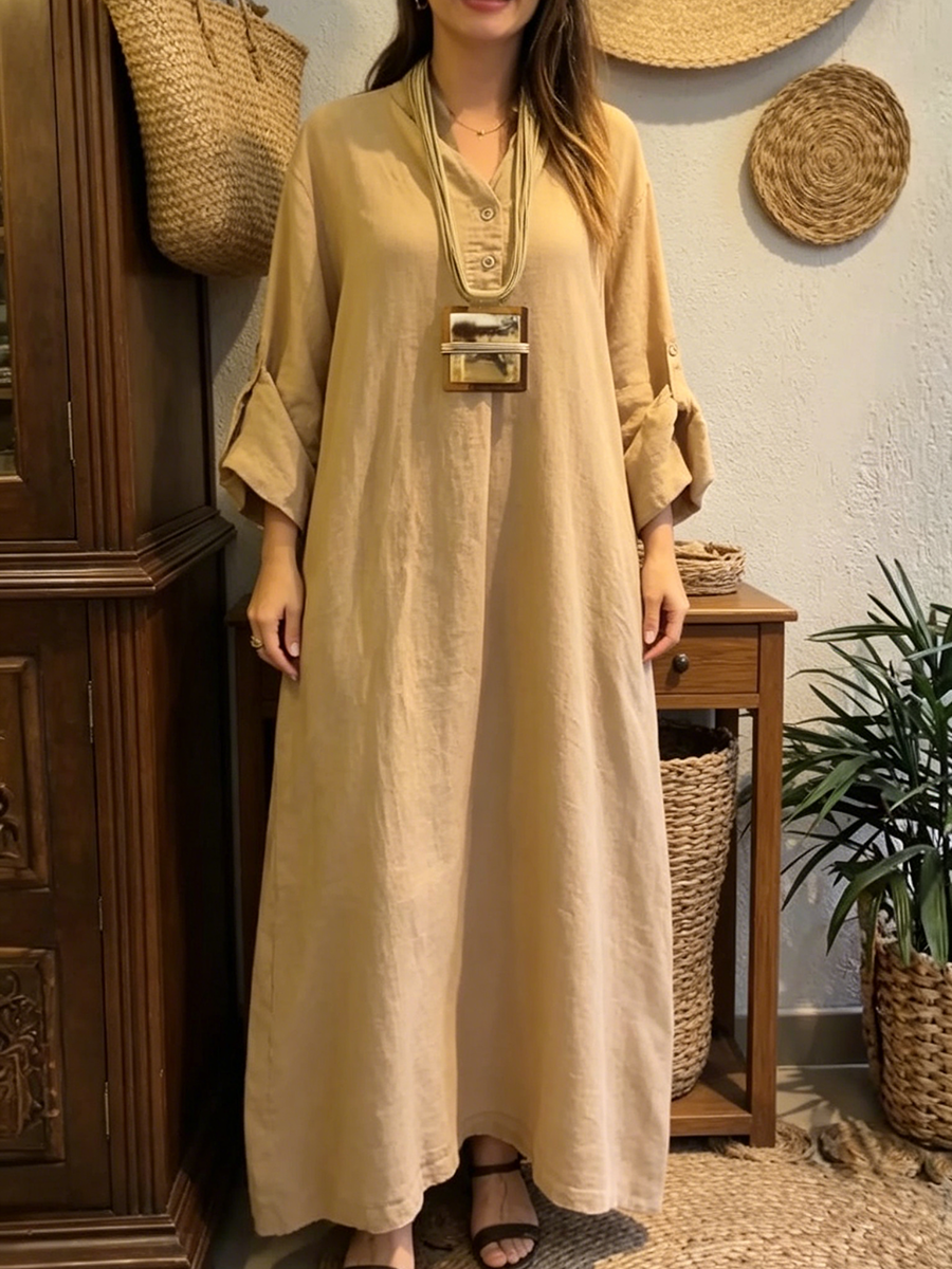 Casual & Cozy V-neck Cotton-linen Maxi Dress
