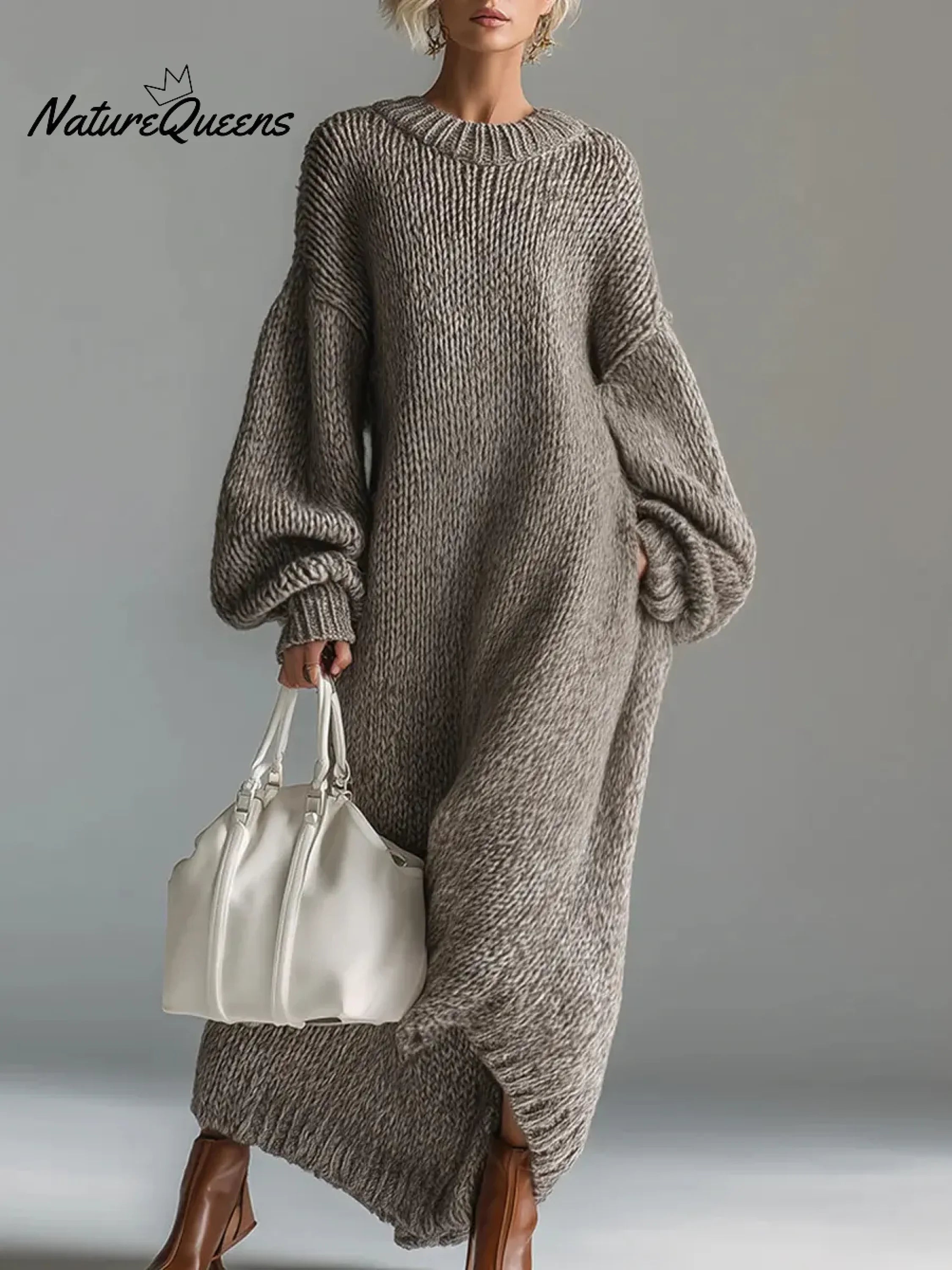 Women's Solid Color Round Neck Long Sleeve Casual Loose Knit Dress