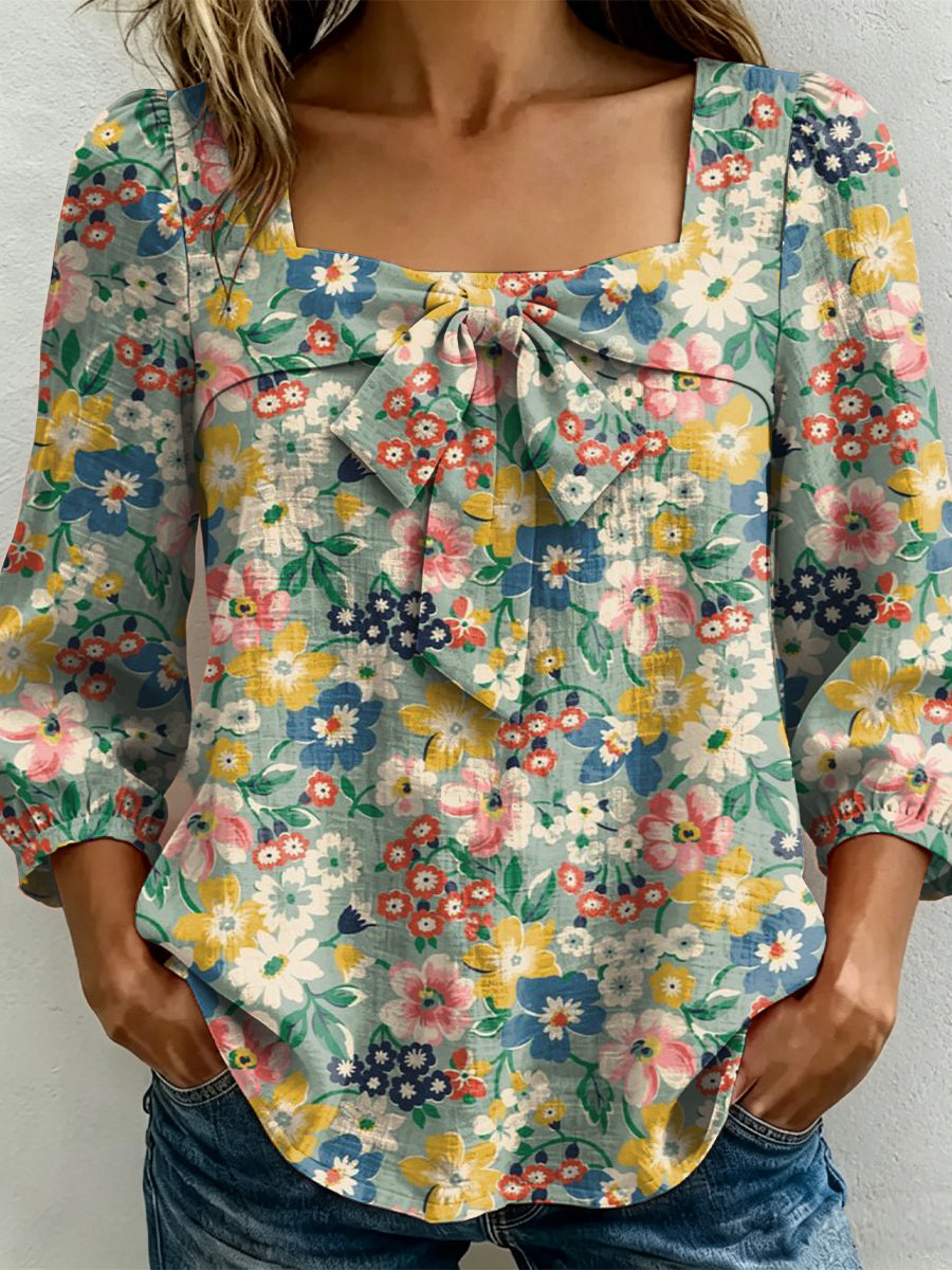 Colorful Flower Decorative Pattern Women's Long Sleeve Linen Cotton Shirt