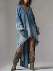 Ursime Festival Blue V Neck Lantern Sleeve Long Sleeve High Low Hem Casual Denim Mini Dresses