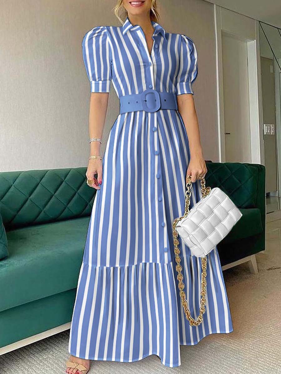 Women's Striped Art Casual Elegant Short Sleeve With Belt Long Dress