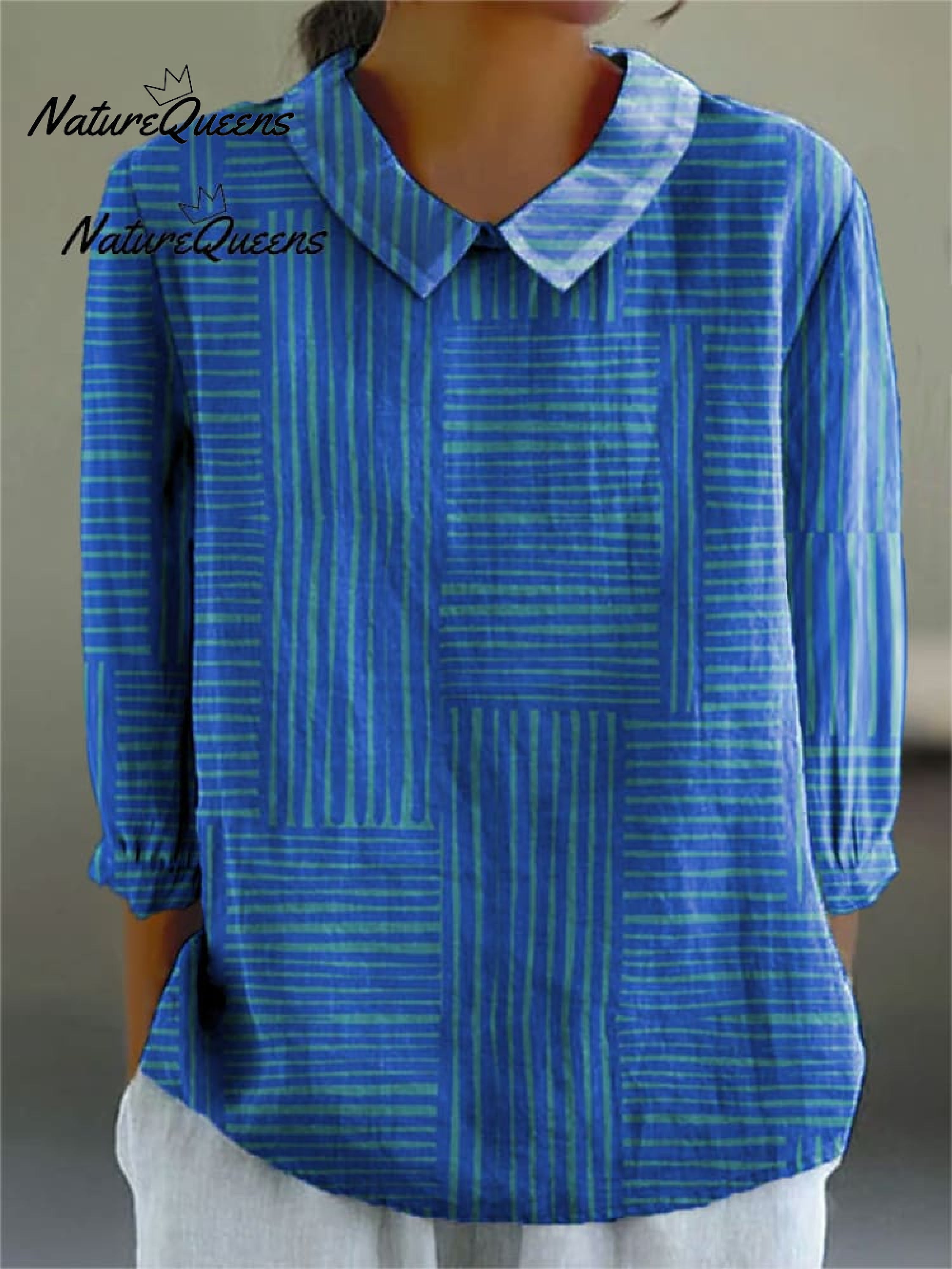 Women's Vintage Colorblock Striped Art Print Casual Linen V-neck Shirt