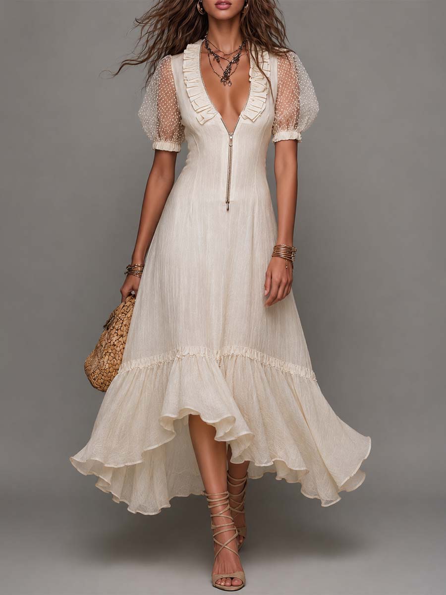 Elegant Linen And Cotton Dress With Mesh-paneled Sleeves And Half-zip Closure