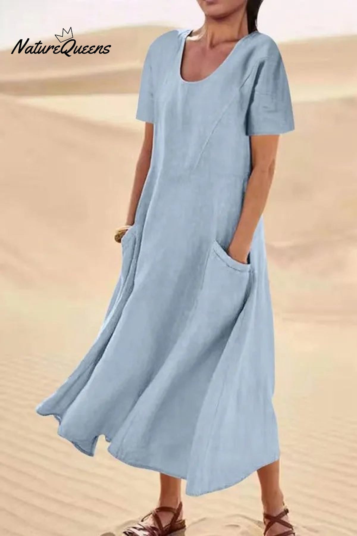 JFN Cotton & Linen Solid Color Loose Casual Pocket Dress