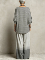 Women's Striped Print V-neck Long-sleeve Casual Loose Cotton-linen Top & High-waisted Wide-leg Pants Set