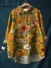 Vintage Floral Art Print Casual coton et lin col rond bouton poche Midi chemise à manches longues Top des femmes