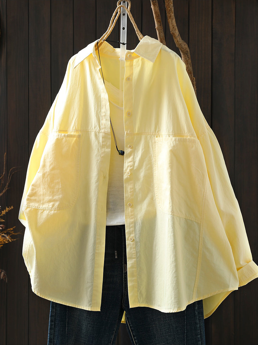 Women Spring Casual Pure Color Turn-down Collar Shirt