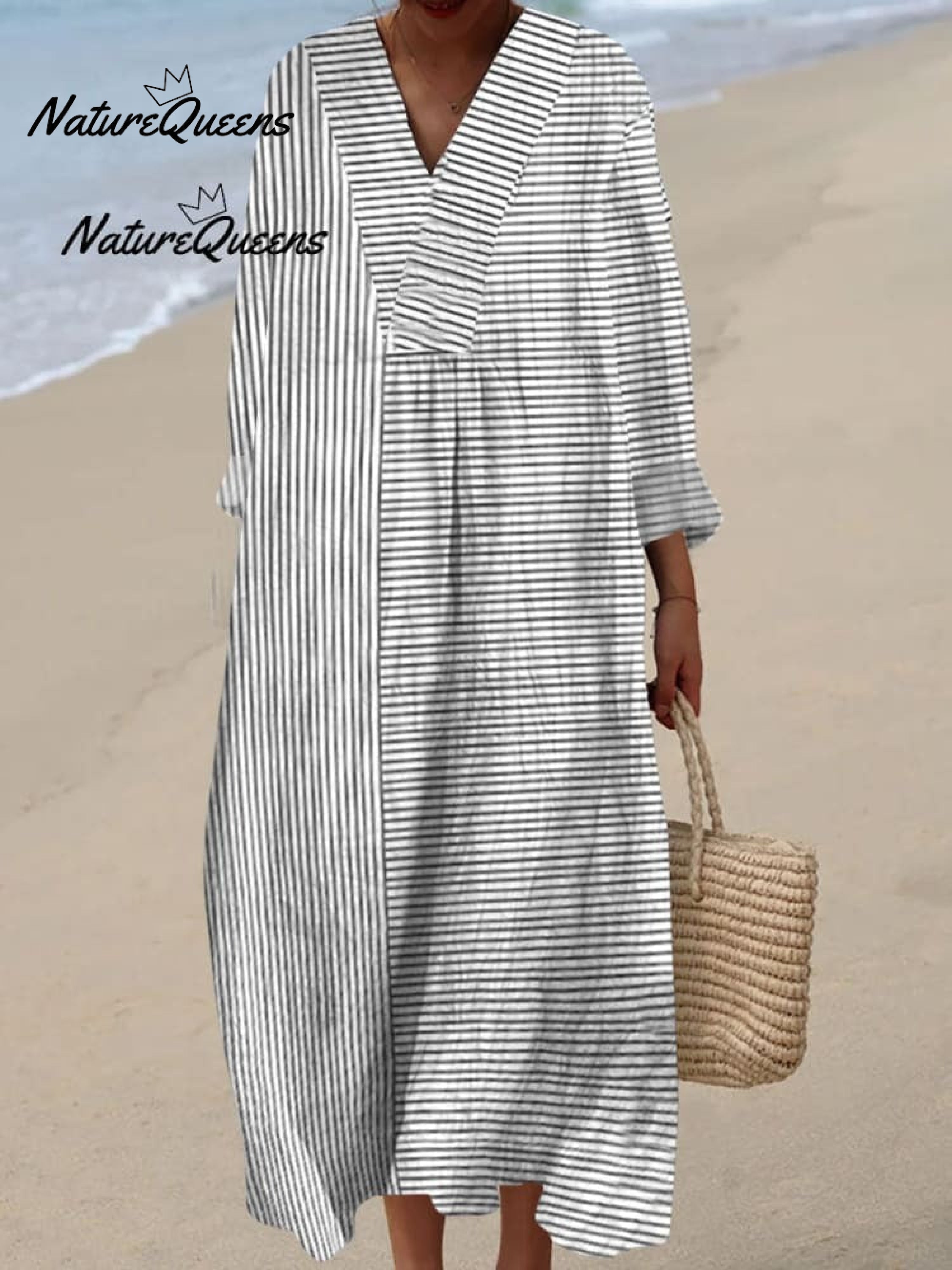 Women Vintage Stripes Casual V Neck Midi Dress