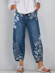 Women's Artistic Flowers Print Casual Cotton Denim Pants