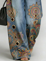 Women's Retro Hippie-style Print Casual Fashion Cutout Jeans