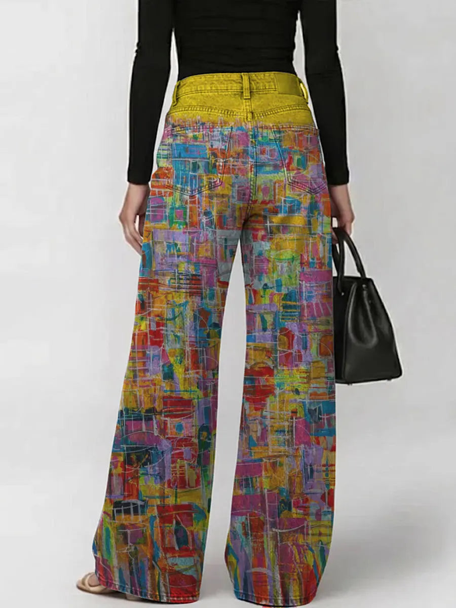 Women's Vintage Colorful Art Print Casual Fashion Cutout Jeans